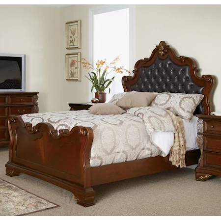Queen Bed with Tufted Bonded Leather Headboard